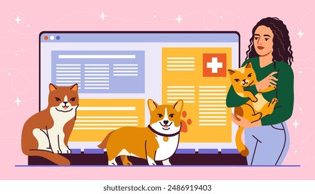 Pet veterinarian online. Woman with dogs and cats near laptop. Health care and treatment, medicine online. Caring for pets, telemedicine. Cartoon flat vector illustration