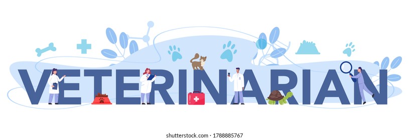 Pet veterinarian typographic header. Veterinary doctor checking animal. Idea of pet care. Medical treatment and healthcare. Vector flat illustration