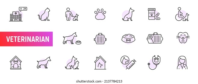 Pet veterinarian vector line icon set. Dog cat veterinary doctor clinic animal health syringe puppy medicine symbol