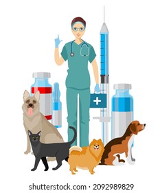 Pet veterinarian. Veterinary doctor checking and treating animals. Idea of pet care. Veterinarian dogs cat characters. Vector Illustration of woman veterinarian with cute pets, dogs, cat.