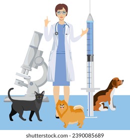 Veterinario de mascotas. Médicos veterinarios revisando y tratando animales. Idea de cuidado de mascotas. Personajes de gatos de perros veterinarios. Ilustración vectorial de una veterinaria con mascotas lindas, perros, gatos.