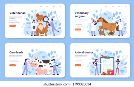 Pet veterinarian web banner or landing page set. Veterinary doctor checking animal. Idea of pet care. Medical treatment and healthcare. Vector flat illustration