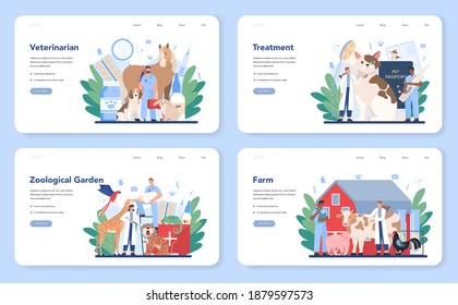 Pet veterinarian web banner or landing page set. Veterinary doctor checking and treating animal. Idea of pet care. Farm and zoological garden animal medical treatment. Vector flat illustration