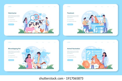 Pet veterinarian web banner or landing page set. Veterinary doctor checking and treating animal. Idea of pet care, animal medical vaccination, microchipping. Vector flat illustration