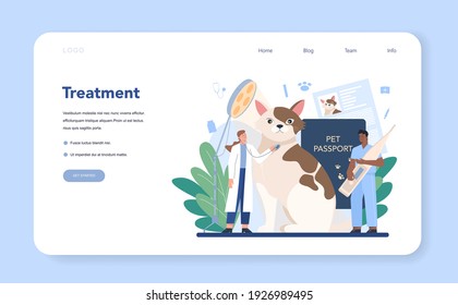 Pet veterinarian web banner or landing page. Veterinary doctor checking and treating animal. Idea of pet care. Farm and zoological garden animal medical treatment. Vector flat illustration