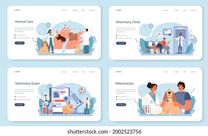 Pet veterinarian web banner or landing page set. Veterinary doctor checking and treating animal. Idea of pet care, animal medical vaccination, diagnosis. Vector flat illustration