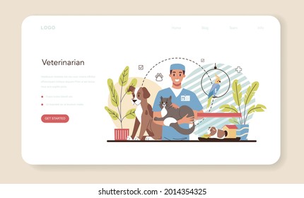 Pet veterinarian web banner or landing page. Veterinary doctor checking and treating animal. Idea of pet care. Animal medical treatment and vaccination. Vector flat illustration