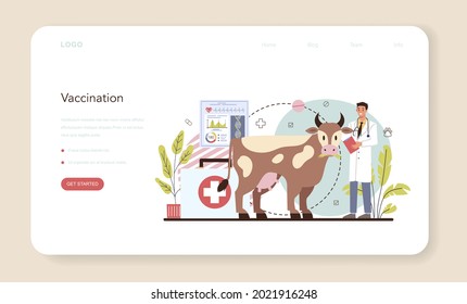 Pet veterinarian web banner or landing page. Veterinary doctor checking and treating animal. Idea of pet care. Animal medical treatment and vaccination. Vector flat illustration