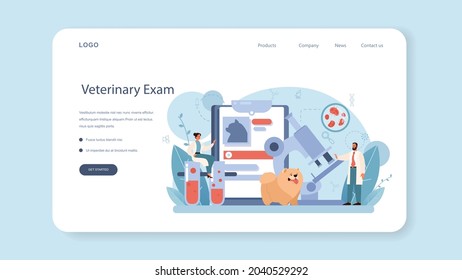 Pet veterinarian web banner or landing page. Veterinary doctor checking and treating animal. Idea of pet care, animal medical vaccination, diagnosis. Vector flat illustration