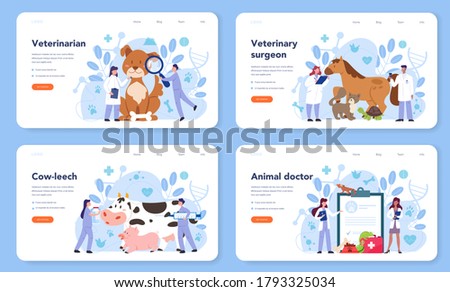 Pet veterinarian web banner or landing page set. Veterinary doctor checking animal. Idea of pet care. Medical treatment and healthcare. Vector flat illustration