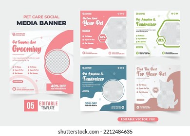 Pet veterinary business template bundle for social media marketing. Pet care shop promotional web banner collection with pink and blue colors. Pet shop advertisement template set with abstract shapes.