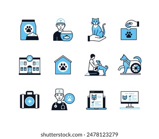 Pet and veterinary care - line design style icons set with editable stroke. Animal food, aquarium fish, cat, dog, wheelchair user, booth, hospital, patient medical record, caring for fluffy friends