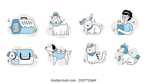 Pet veterinary clinic line icon set. Sick pet, animal, cat, dog for veterinarian sticker template. Doodle line style animal and character. Vector illustration. svg