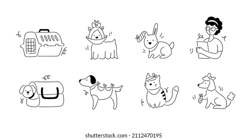 Pet Veterinary Clinic Line Icon Set. Sick Pet, Animal, Cat, Dog For Veterinarian Sticker Template. Doodle Line Style Animal And Character. Vector Illustration.
