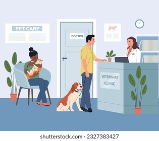 Pet veterinary clinic. Man with dog  on reception in veterinary clinic.  Woman with cat on the chair. Vector flat cartoon illustration