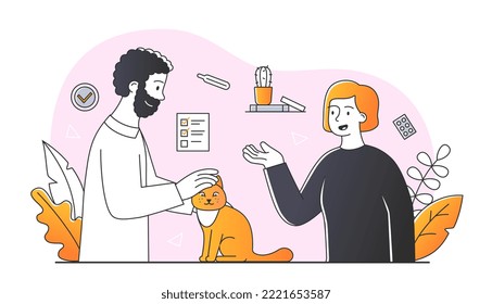 Pet veterinary clinic. Man and woman next to cat. Care and love for animals, medical services. Doctor receives client with medications. Poster or banner for website. Cartoon flat vector illustration