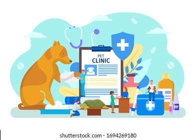 Pet veterinary clinic vector illustration. Cartoon flat tiny veterinarian people check, doctor character care animal in hospital. Vet clinical medical examination, healthcare concept isolated on white