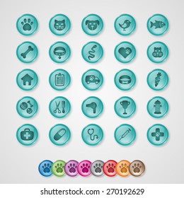 Pet and Veterinary Icon Set. 25 Icons - 9 Colours of Buttons Included.
