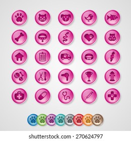 Pet and Veterinary Icon Set. 25 Icons - Pink Buttons. 8 Colours Included.