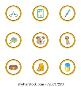 Pet veterinary icons set. Cartoon style set of 9 pet veterinary vector icons for web design