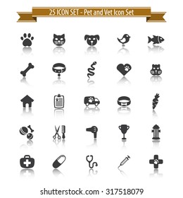 Pet and Veterinary Icons Set with Reflection- 25 Icon Set