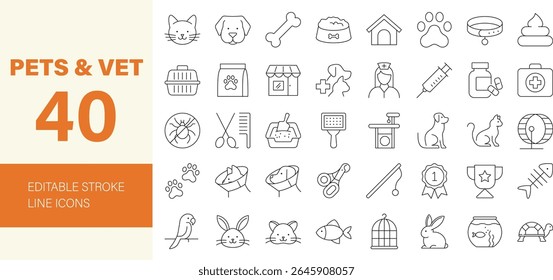 Conjunto de ícones editáveis de linha veterinária e animal de estimação. Contendo animais domésticos, cachorro, gato, coelho, hamster, pássaro, peixe, aquário, transportador de animais, tigela de animais e muito mais. Ilustração vetorial.