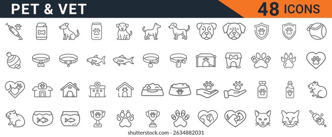  Pet and Veterinary line icons. Animal care, pet shop, dog, cat, fish, and health outline symbols. Editable stroke vector set.