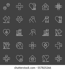 Pet and veterinary line icons. Vector set of veterinary medicine linear symbols on dark background 