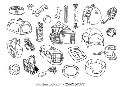 Pet, veterinary shop supplies. Food, toys, bed, cushions, transport bags, house, lead. Hand drawn vector isolated set.