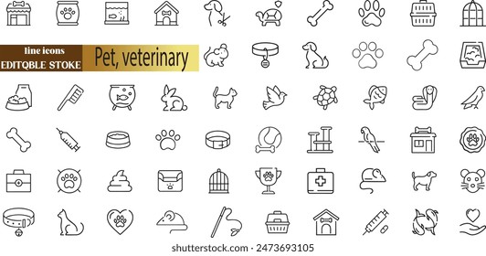 Mascotas, veterinaria, tienda de mascotas, tipos de mascotas - conjunto de iconos de Web de línea delgada mínima