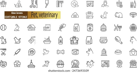 Mascotas, veterinaria, tienda de mascotas, tipos de mascotas - conjunto de iconos de Web de línea delgada mínima