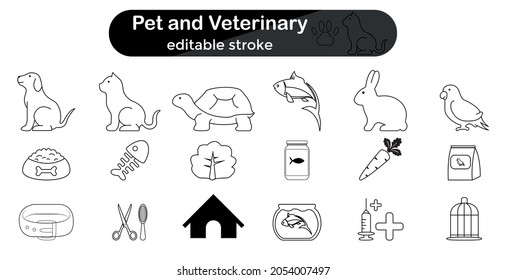 Pet and Veterinary Thin Line Icons Set. pets - food - veterinary - Collection of outline symbols on a white background. Editable vector stroke