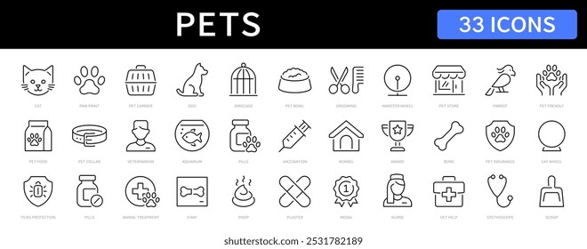 Conjunto de iconos de línea delgada para mascotas y veterinarios. Icono de trazo editable de mascotas. Vector