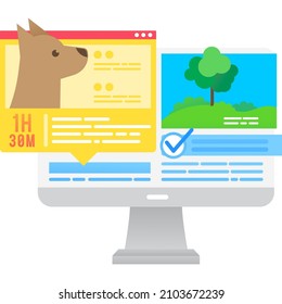 Pet walk daily routine plan on pc computer monitor vector icon. Dog care infographic. Domestic animal schedule planning online service