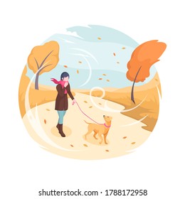 Pet walking in autumn wind, vector isometric flat illustration. Woman with dog on leash walking in autumn fall park in wind with falling leaves, bad cold weather outdoor, owner walking pet in nature