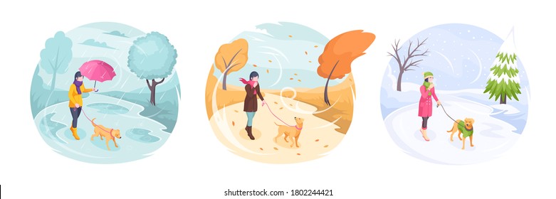 Pet Walking In Bad Weather, Woman With Dog In Park, Vector Isometric Flat Illustration. Girl Walking Dog On Leash At Winter Snow, Autumn Wind And Rain, Owner Walking Dog In Warm Clothing