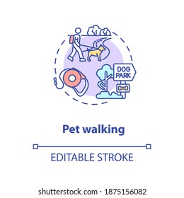Pet walking concept icon. Pet services. Animal best activity types. Little friends fun time. Games idea thin line illustration. Vector isolated outline RGB color drawing. Editable stroke