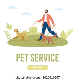 Pet Walking and Dog Training Service Trendy Flat Vector Web Banner, Landing Page Template. Male Dog Sitter, Puppies Owner Having Walk with His Terrier and Labrador Retriever Outdoors Illustration
