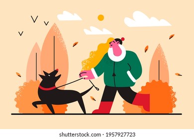 Pet walking and fall concept. Young positive girl walking her dog pet in autumn park nature outdoors having fun feeling happy vector illustration i