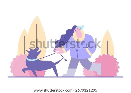 Pet walking and fall concept. Young positive girl walking her dog pet in autumn park nature outdoors having fun feeling happy vector illustration i