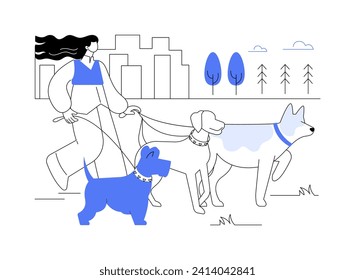 Dibujos de vector de dibujos animados aislados caminando por mascotas. Caminador profesional de mascotas en el trabajo, diversidad de perros, pequeñas empresas, hombre autónomo, trabajo independiente, dibujos animados vectores de animales domésticos adorables.