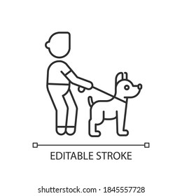 Pet walking service linear icon. Using dog walker service. Animal care thin line customizable illustration. Contour symbol. Outdoor activities. Vector isolated outline drawing. Editable stroke