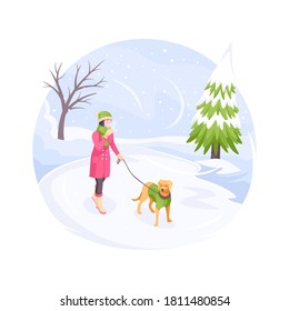 Pet walking in winter snow cold, woman with dog, vector isometric flat illustration. Girl with dog on leash walking at winter snowy park, bad cold weather outdoor, owner walking pet in nature