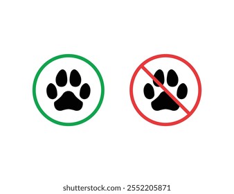 Pet Warning Sign. Entry With Animals Silhouette Icons Set. Walking With Dog Allowed, Paw Footprint Prohibited Symbol. Isolated Vector Illustration.