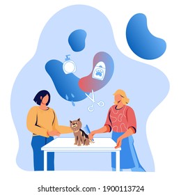 Pet washing and grooming service banner with cartoon characters of women making trendy haircut for dog, flat vector illustration isolated on white background. Grooming and coat care salon for pets.