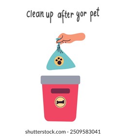 Pet waste in bag and Please Clean up after your pet text. Social responsibility. Animal excrement and call to pick up animal waste. Flat cartoon vector illustration isolated on white.