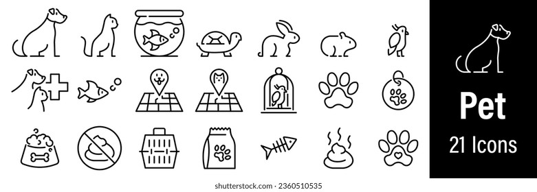 Pet Web Icons. Types of pets. Dog, Cat, Fish, Puppy, Turtle, Hamster, Parrot. Vector in Line Style Icons
