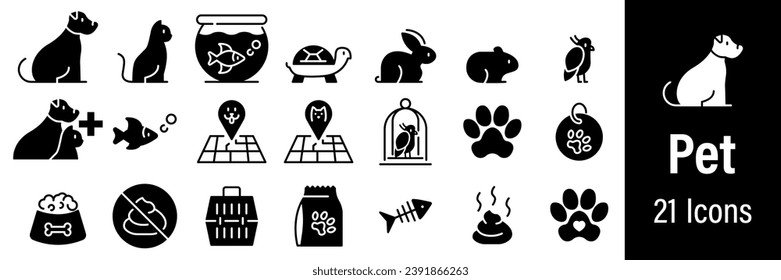 Pet Web Icons. Types of pets. Dog, Cat, Fish, Puppy, Turtle, Hamster, Parrot. Vector in Line Style Icons