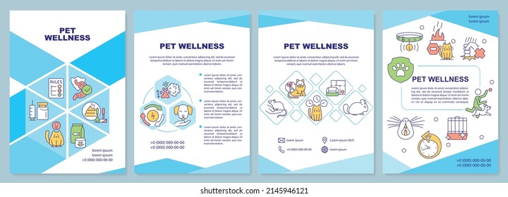 Pet wellness blue brochure template. Keeping domestic animals healthy. Leaflet design with linear icons. 4 vector layouts for presentation, annual reports. Arial-Black, Myriad Pro-Regular fonts used