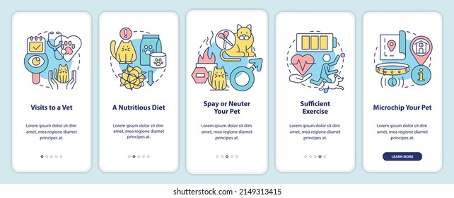 Pet wellness tips onboarding mobile app screen. Visits to vet walkthrough 5 steps graphic instructions pages with linear concepts. UI, UX, GUI template. Myriad Pro-Bold, Regular fonts used